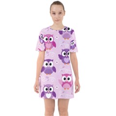 Seamless Cute Colourfull Owl Kids Pattern Sixties Short Sleeve Mini Dress by Bedest