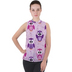 Seamless Cute Colourfull Owl Kids Pattern Mock Neck Chiffon Sleeveless Top by Bedest