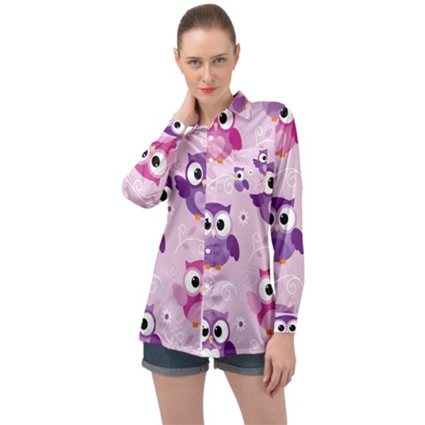 Seamless Cute Colourfull Owl Kids Pattern Long Sleeve Satin Shirt by Bedest