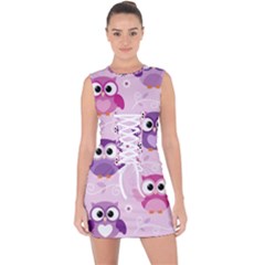 Seamless Cute Colourfull Owl Kids Pattern Lace Up Front Bodycon Dress by Bedest