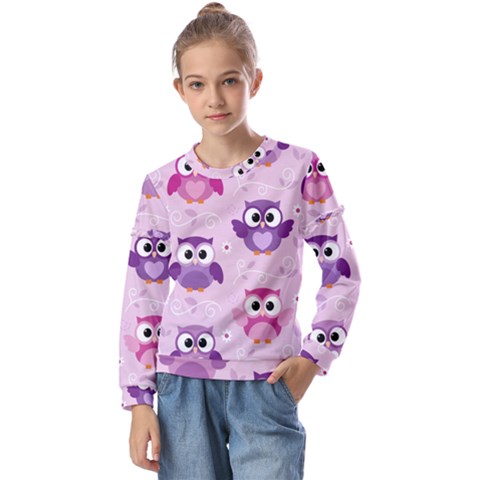 Seamless Cute Colourfull Owl Kids Pattern Kids  Long Sleeve T-shirt With Frill  by Bedest