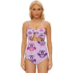 Seamless Cute Colourfull Owl Kids Pattern Knot Front One-piece Swimsuit by Bedest