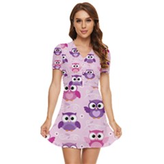 Seamless Cute Colourfull Owl Kids Pattern V-neck High Waist Chiffon Mini Dress by Bedest