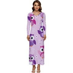 Seamless Cute Colourfull Owl Kids Pattern Long Sleeve Longline Maxi Dress by Bedest