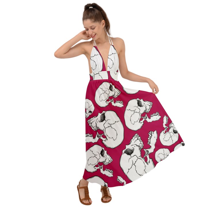 Terrible Frightening Seamless Pattern With Skull Backless Maxi Beach Dress