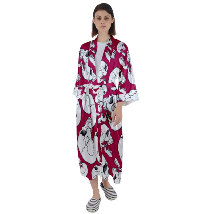 Terrible Frightening Seamless Pattern With Skull Maxi Satin Kimono