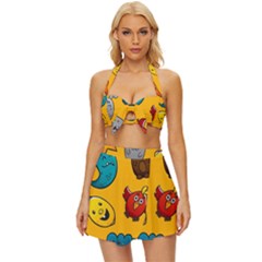 Graffiti Characters Seamless Ornament Vintage Style Bikini Top And Skirt Set 