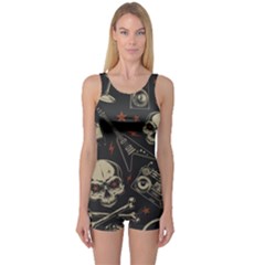 Grunge Seamless Pattern With Skulls One Piece Boyleg Swimsuit