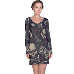 Grunge Seamless Pattern With Skulls Long Sleeve Nightdress by Bedest