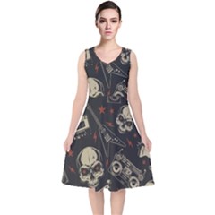 Grunge Seamless Pattern With Skulls V-neck Midi Sleeveless Dress  by Bedest