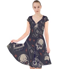 Grunge Seamless Pattern With Skulls Cap Sleeve Front Wrap Midi Dress by Bedest