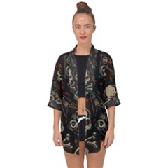 Grunge Seamless Pattern With Skulls Open Front Chiffon Kimono by Bedest