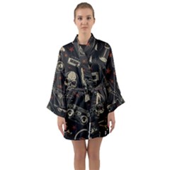 Grunge Seamless Pattern With Skulls Long Sleeve Satin Kimono by Bedest