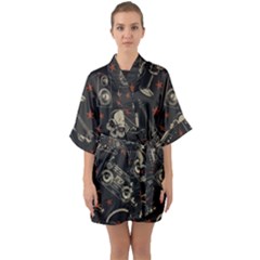 Grunge Seamless Pattern With Skulls Half Sleeve Satin Kimono  by Bedest