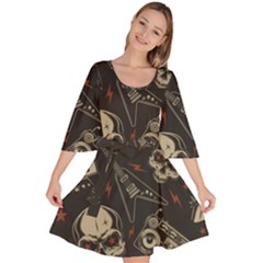 Grunge Seamless Pattern With Skulls Velour Kimono Dress by Bedest