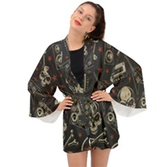 Grunge Seamless Pattern With Skulls Long Sleeve Kimono by Bedest