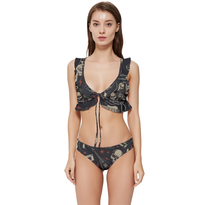 Grunge Seamless Pattern With Skulls Low Cut Ruffle Edge Bikini Set