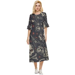 Grunge Seamless Pattern With Skulls Double Cuff Midi Dress by Bedest