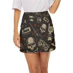 Grunge Seamless Pattern With Skulls Mini Front Wrap Skirt by Bedest