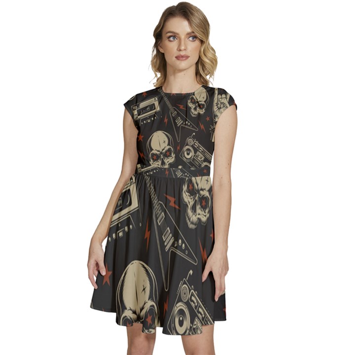 Grunge Seamless Pattern With Skulls Cap Sleeve High Waist Dress