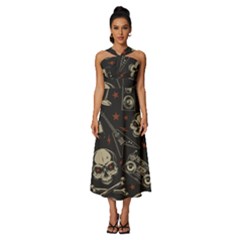 Grunge Seamless Pattern With Skulls Sleeveless Cross Front Cocktail Midi Chiffon Dress by Bedest