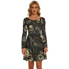 Grunge Seamless Pattern With Skulls Long Sleeve Wide Neck Velvet Dress by Bedest