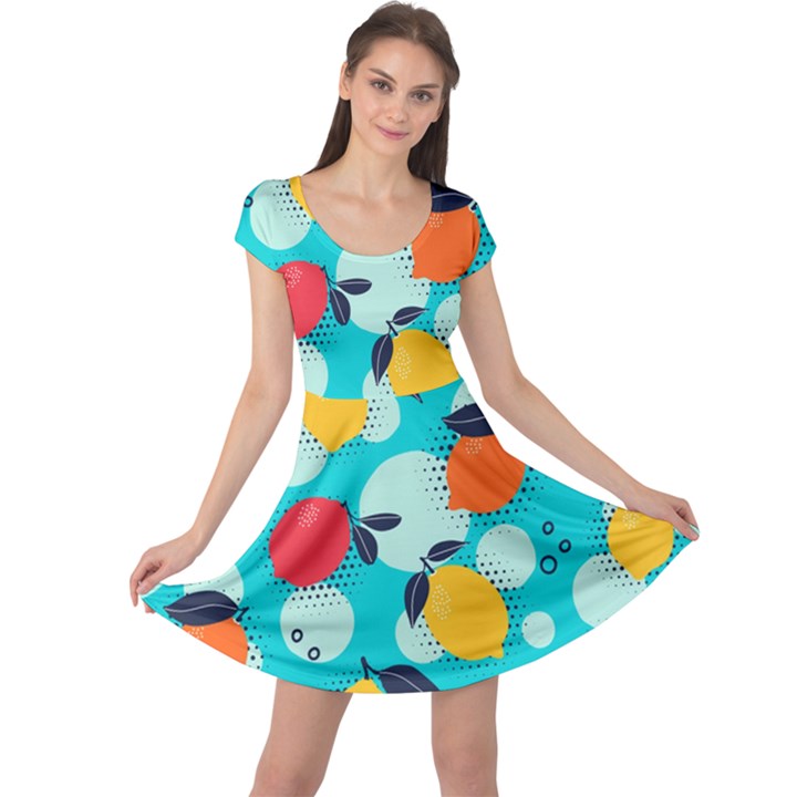 Pop Art Style Citrus Seamless Pattern Cap Sleeve Dress