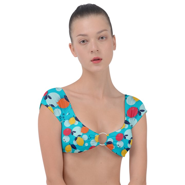 Pop Art Style Citrus Seamless Pattern Cap Sleeve Ring Bikini Top