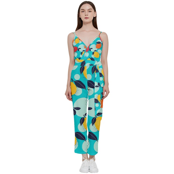 Pop Art Style Citrus Seamless Pattern V-Neck Camisole Jumpsuit