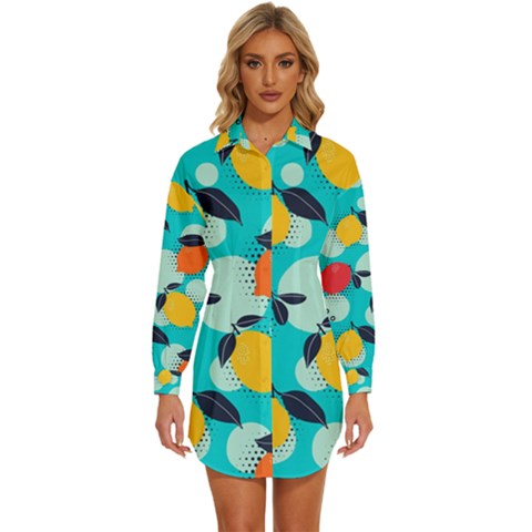 Pop Art Style Citrus Seamless Pattern Womens Long Sleeve Shirt Dress by Bedest