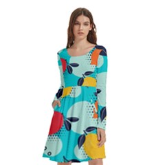 Pop Art Style Citrus Seamless Pattern Long Sleeve Knee Length Skater Dress With Pockets