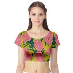 Pink Flower Seamless Pattern Short Sleeve Crop Top by Bedest