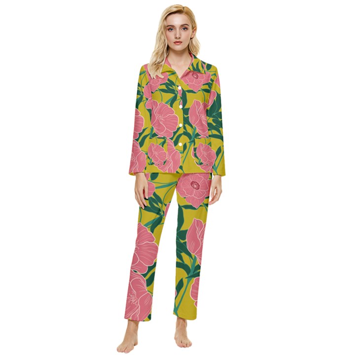 Pink Flower Seamless Pattern Womens  Long Sleeve Velvet Pocket Pajamas Set