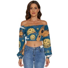 Missile Pattern Long Sleeve Crinkled Weave Crop Top by Bedest