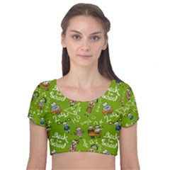 Seamless Pattern With Kids Velvet Short Sleeve Crop Top  by Bedest