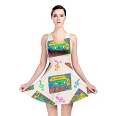 Seamless Pattern With Colorful Cassettes Hippie Style Doodle Musical Texture Wrapping Fabric Vector Reversible Skater Dress by Bedest