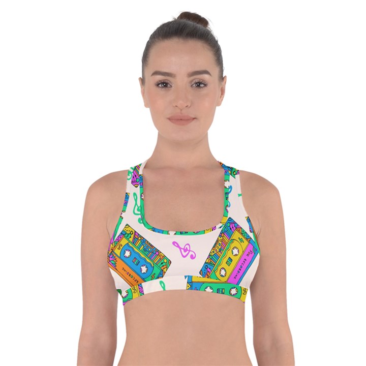 Seamless Pattern With Colorful Cassettes Hippie Style Doodle Musical Texture Wrapping Fabric Vector Cross Back Sports Bra