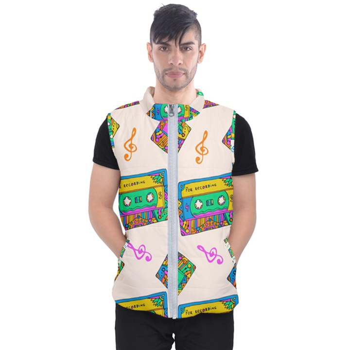 Seamless Pattern With Colorful Cassettes Hippie Style Doodle Musical Texture Wrapping Fabric Vector Men s Puffer Vest