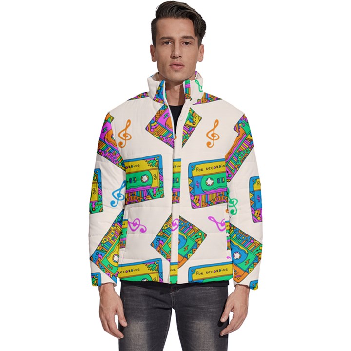 Seamless Pattern With Colorful Cassettes Hippie Style Doodle Musical Texture Wrapping Fabric Vector Men s Puffer Bubble Jacket Coat