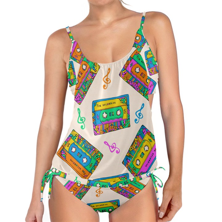 Seamless Pattern With Colorful Cassettes Hippie Style Doodle Musical Texture Wrapping Fabric Vector Tankini Set