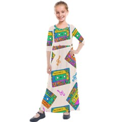 Seamless Pattern With Colorful Cassettes Hippie Style Doodle Musical Texture Wrapping Fabric Vector Kids  Quarter Sleeve Maxi Dress