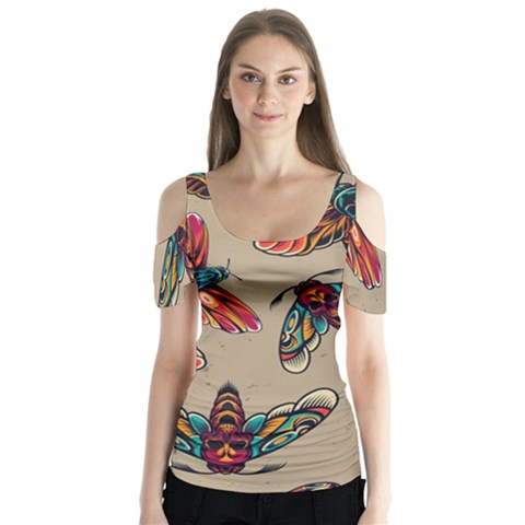 Tattoos Colorful Seamless Pattern Butterfly Sleeve Cutout T-shirt  by Bedest