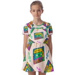 Seamless Pattern With Colorful Cassettes Hippie Style Doodle Musical Texture Wrapping Fabric Vector Kids  Short Sleeve Pinafore Style Dress by Bedest