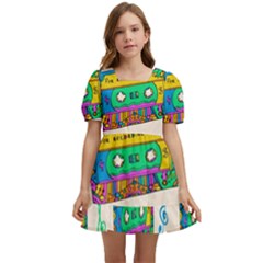 Seamless Pattern With Colorful Cassettes Hippie Style Doodle Musical Texture Wrapping Fabric Vector Kids  Short Sleeve Dolly Dress by Bedest