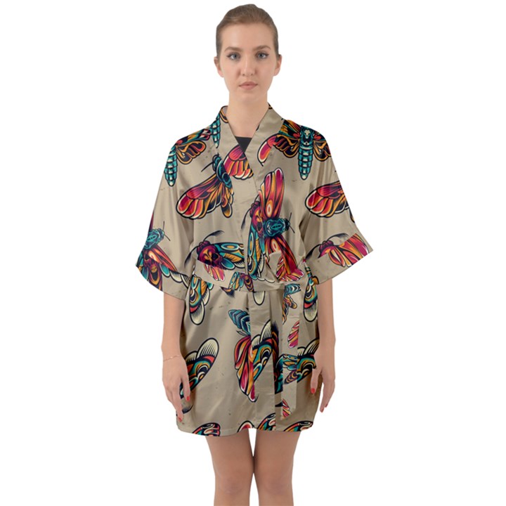 Tattoos Colorful Seamless Pattern Half Sleeve Satin Kimono 