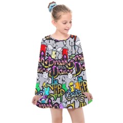 Hip Hop Background Kids  Long Sleeve Dress by Bedest