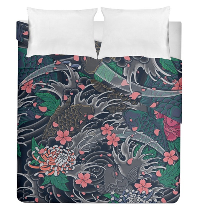 Japanese Wave Koi Illustration Seamless Pattern Duvet Cover Double Side (Queen Size)