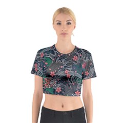 Japanese Wave Koi Illustration Seamless Pattern Cotton Crop Top by Bedest