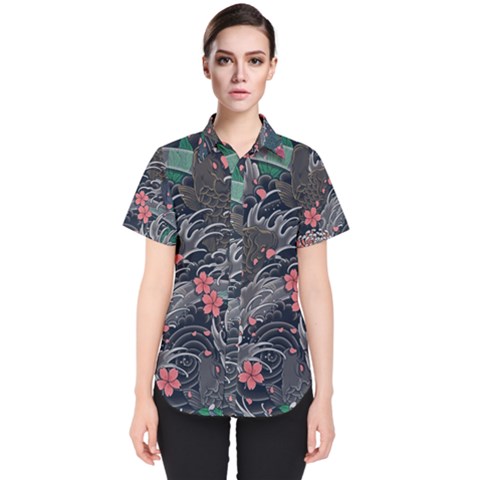 Japanese Wave Koi Illustration Seamless Pattern Women s Short Sleeve Shirt by Bedest