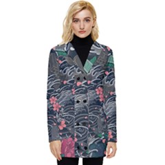 Japanese Wave Koi Illustration Seamless Pattern Button Up Hooded Coat  by Bedest